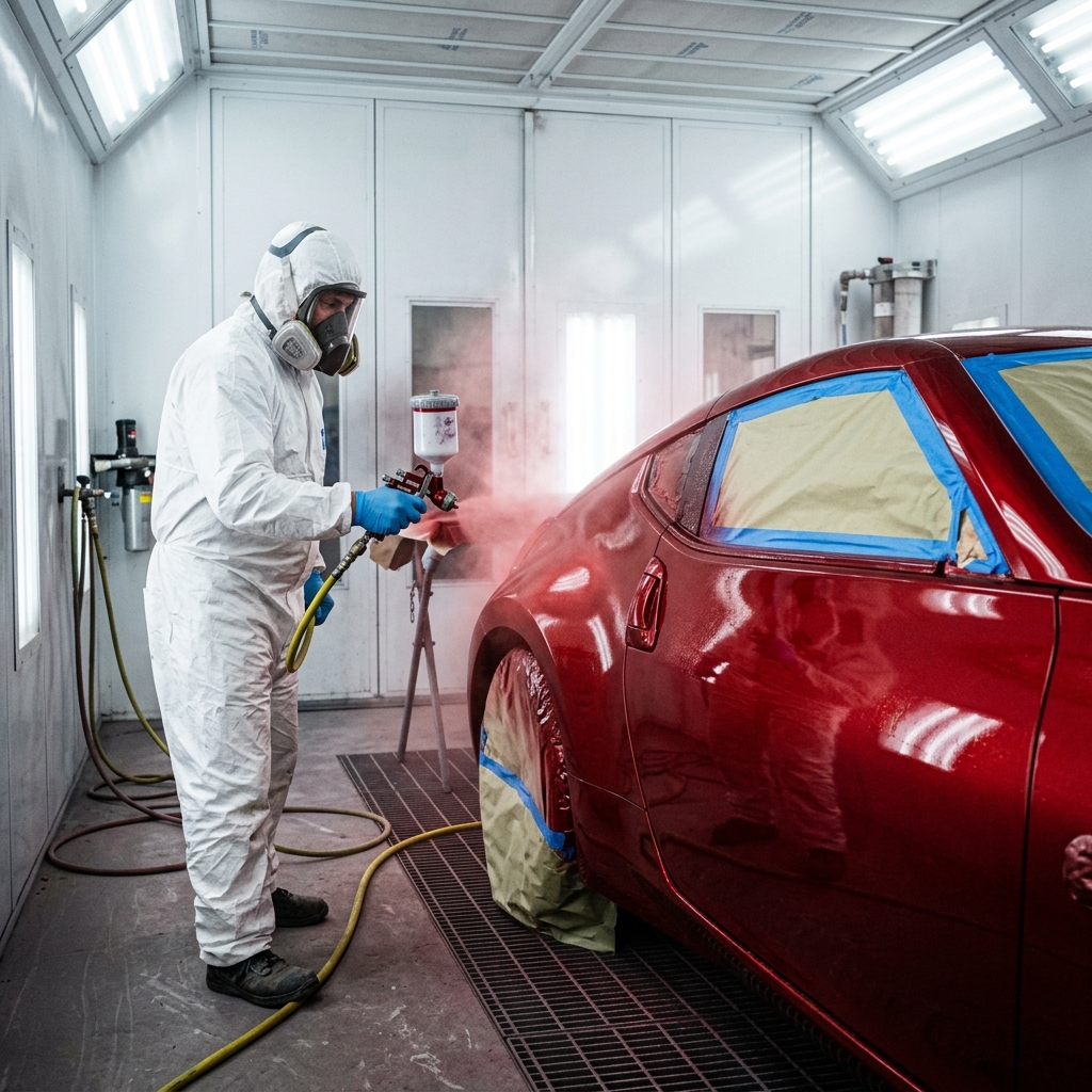 Professional auto painter spraying a red car in a factory-grade paint booth